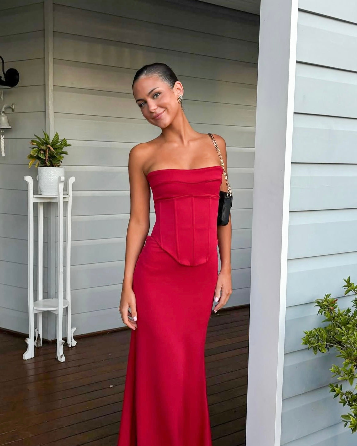 hntr the label red corset dress Inka Gown Wine Corset Gown Australia