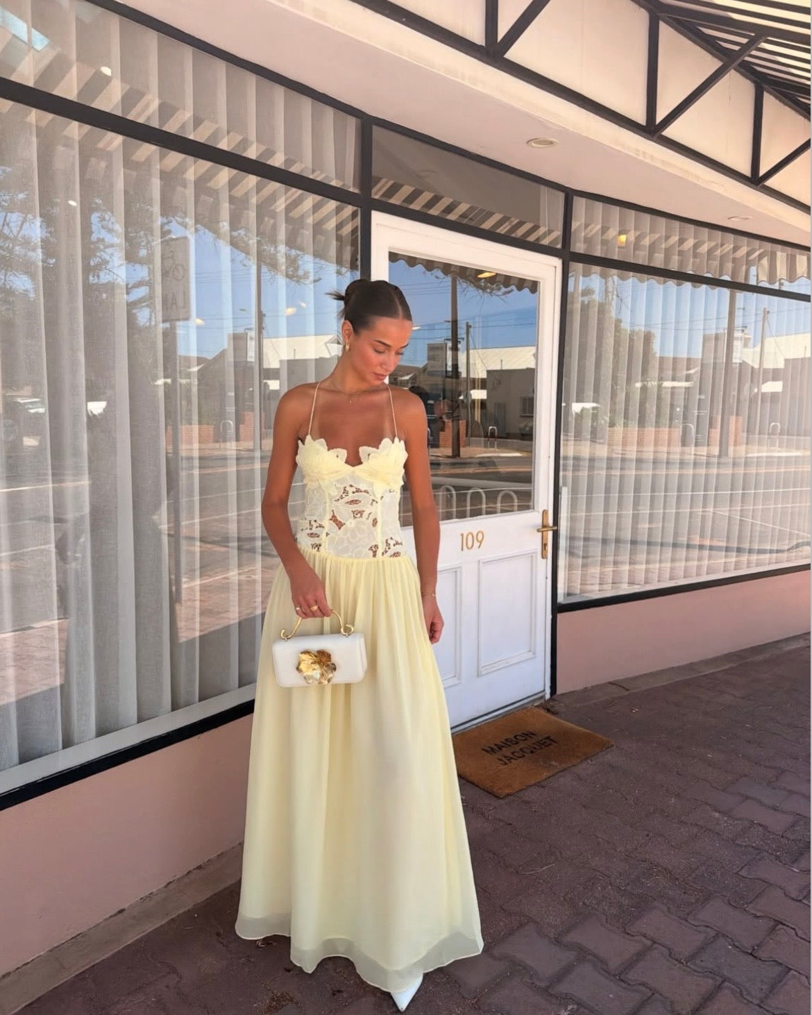 rent designer dress Hansen & Gretel Stephanie LONG NAVY BLUE FLOWER Category_Evening Gowns Dress style:DRESS WITH GLOVES/SLEEVES