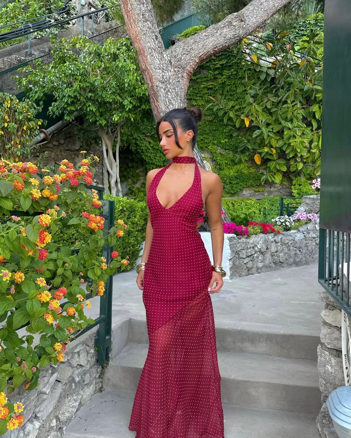 jasmine in the red dress Reiss Atelier Cut-Out Pleated Maxi Dress in Red