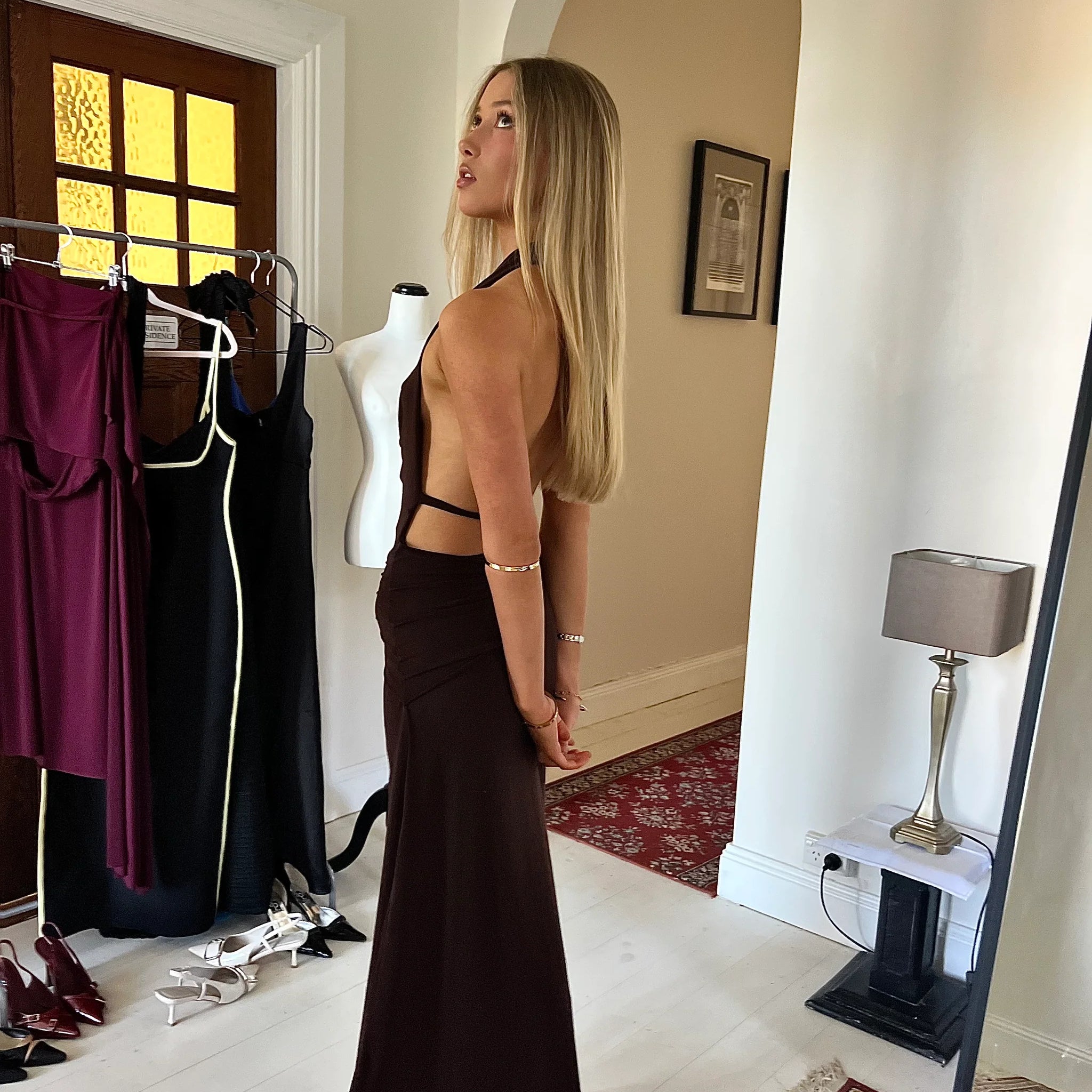 Back of La Marie Nadia Dress Brown Rent with Iz