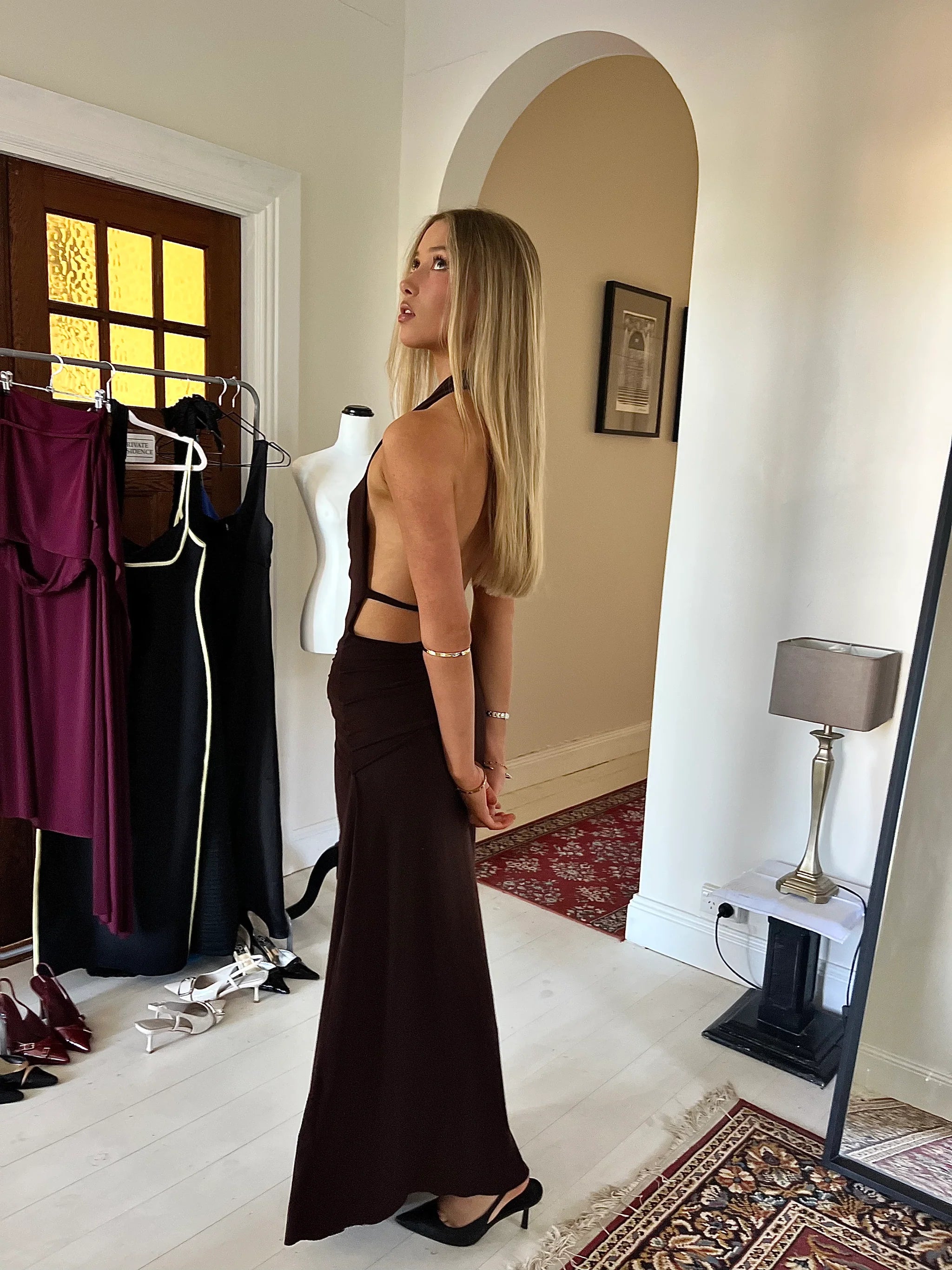 Back of La Marie Nadia Dress Brown Rent with Iz