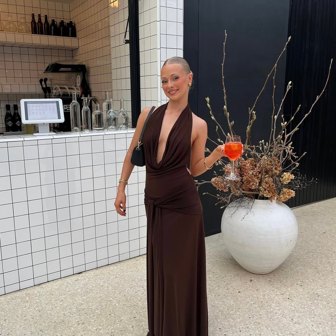 Brown cowl neck waist tie dress Rent with Iz
