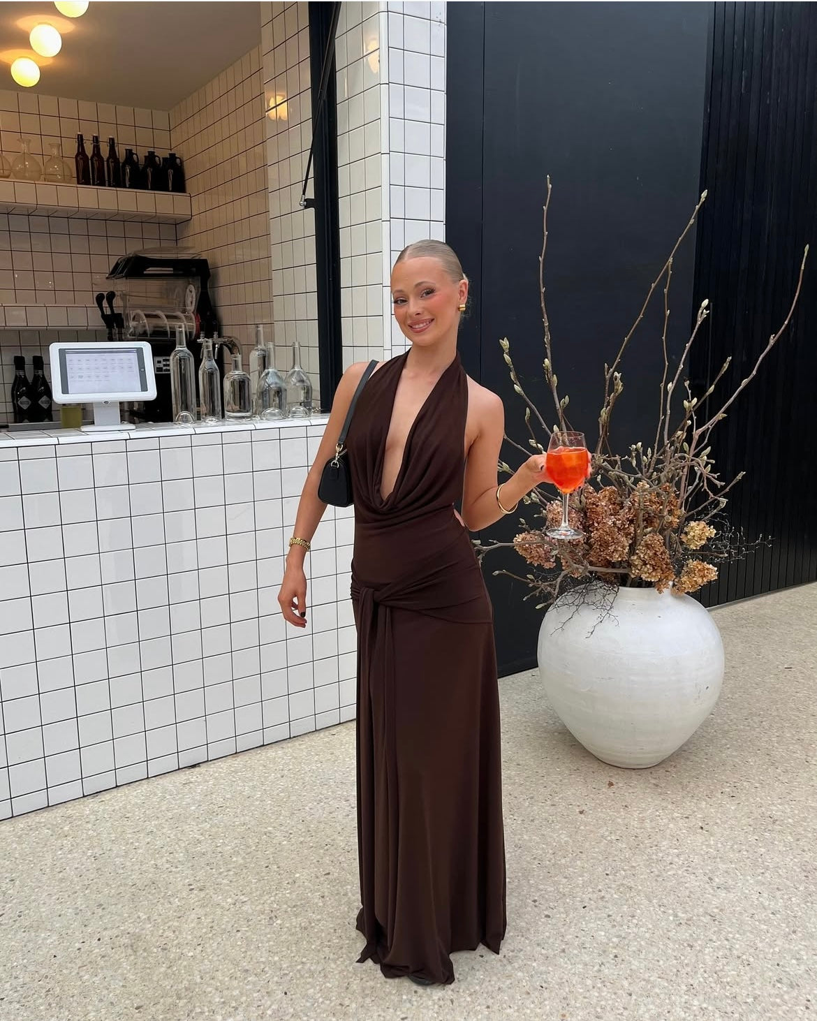 Brown cowl neck waist tie dress Rent with Iz