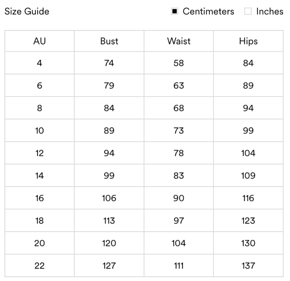 Peppermayo Size Guide - Rent with Iz